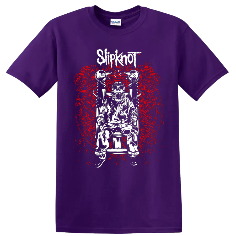 Slipknot logo above skeleton in electric chair with distressed red sigil artwork on a Purple T Shirt