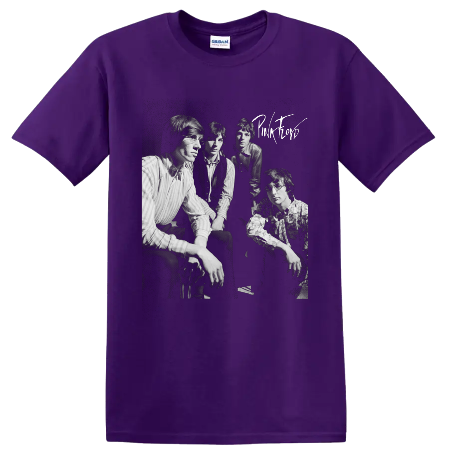 Pink Floyd original lineup black-and-white vintage portrait graphic on a Purple T Shirt