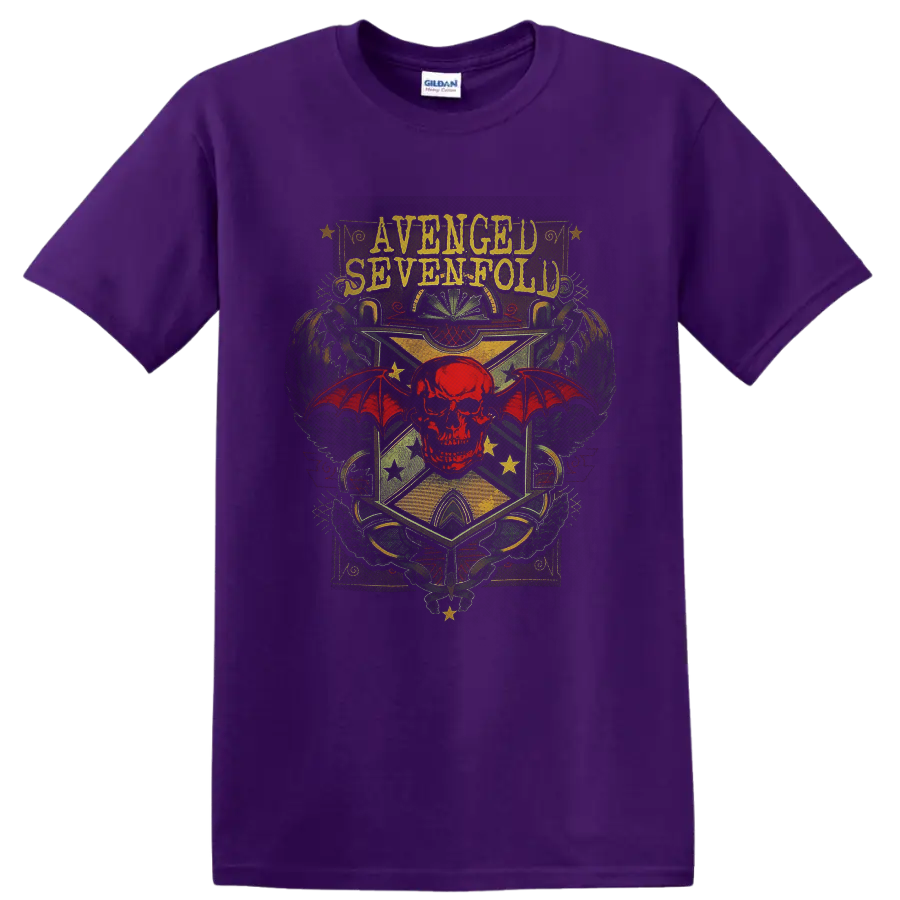 Avenged Sevenfold Deathbat red skull and bat-wing vintage crest graphic on a Purple T Shirt