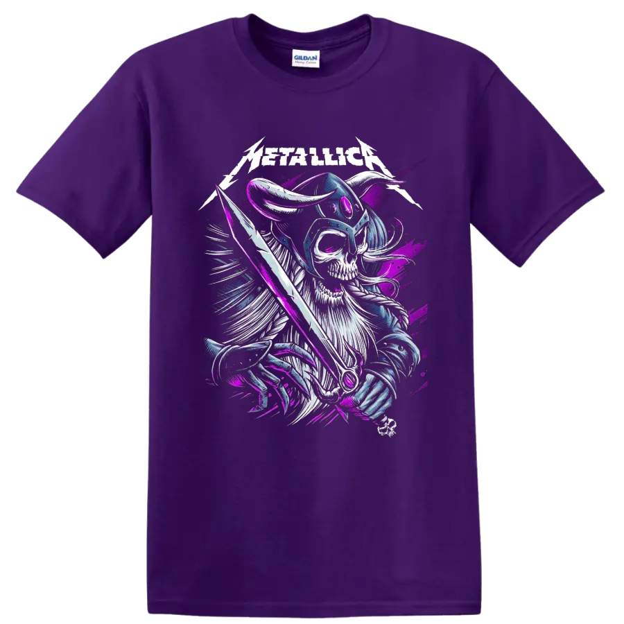 Metallica logo above a horned Viking skeleton warrior with sword in purple and blue art on a Purple T Shirt