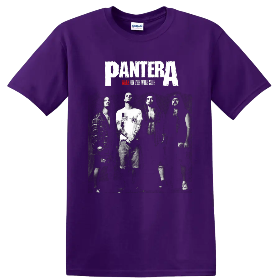 Pantera logo over black-and-white band photo with Walk on the Wild Side text on a Purple T Shirt