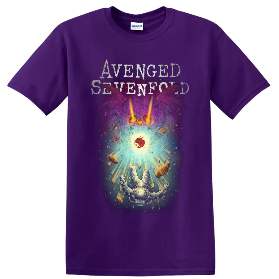 Avenged Sevenfold distressed text above a surreal astronaut cosmic graphic on a Purple T Shirt