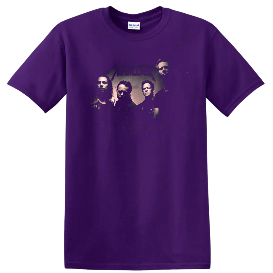 Metallica The Four Horsemen distressed graphic with four band portraits and logo on a Purple T Shirt