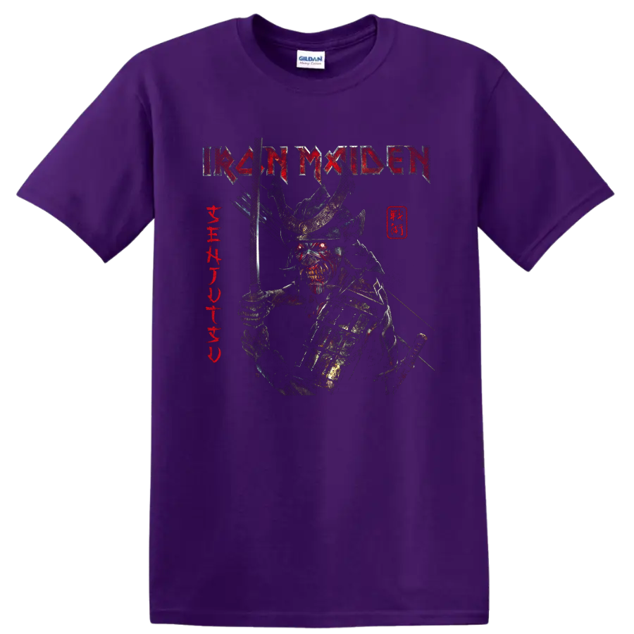 Iron Maiden Senjutsu Eddie armored samurai graphic with sword and distressed band logo on a Purple T Shirt