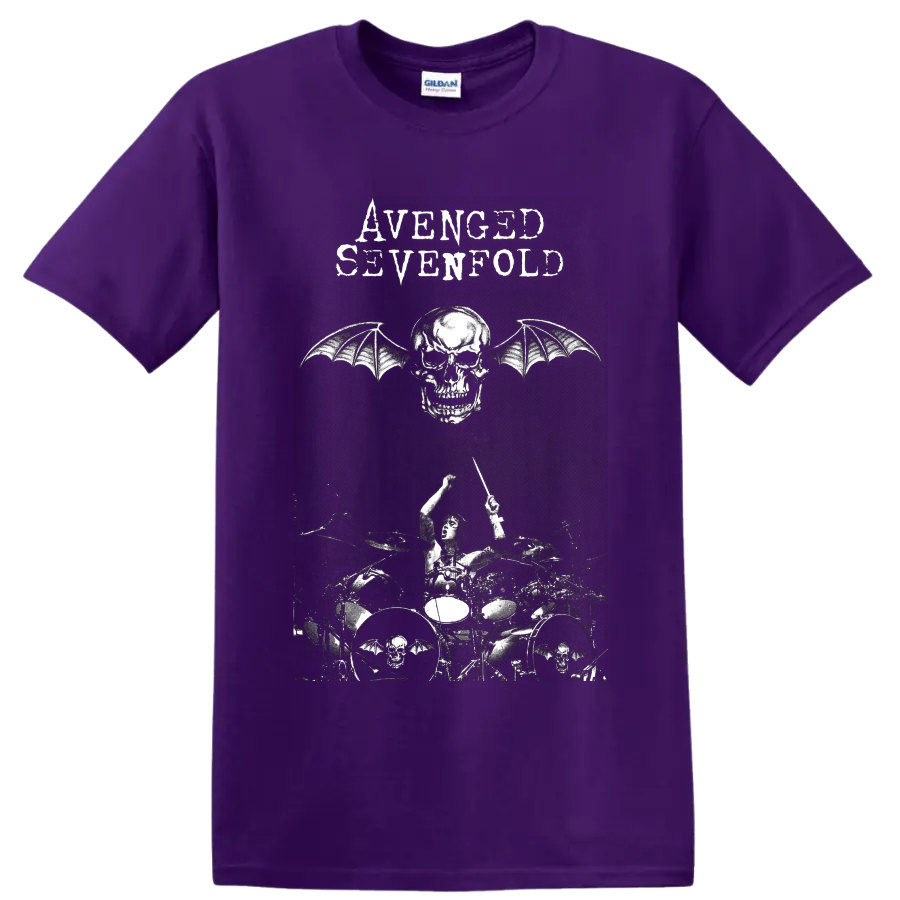 Avenged Sevenfold Deathbat winged skull and live drummer distressed graphic on a Purple T Shirt