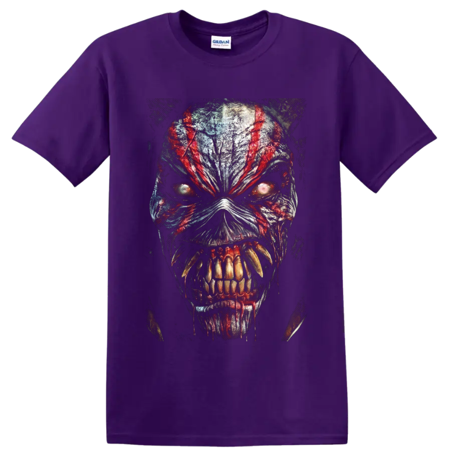 Eddie the Head horror monster portrait graphic with red streaks and glowing eyes on a Purple T Shirt