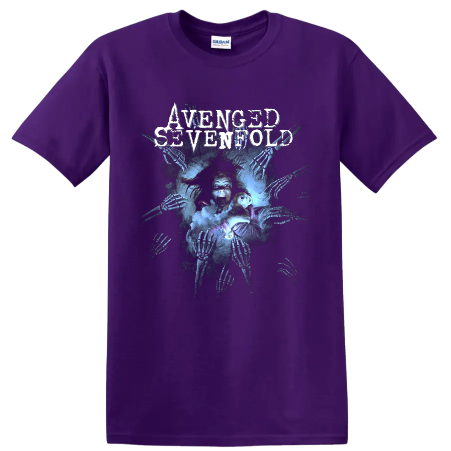 Avenged Sevenfold distressed logo over a haunted figure and reaching skeletal hands on a Purple T Shirt