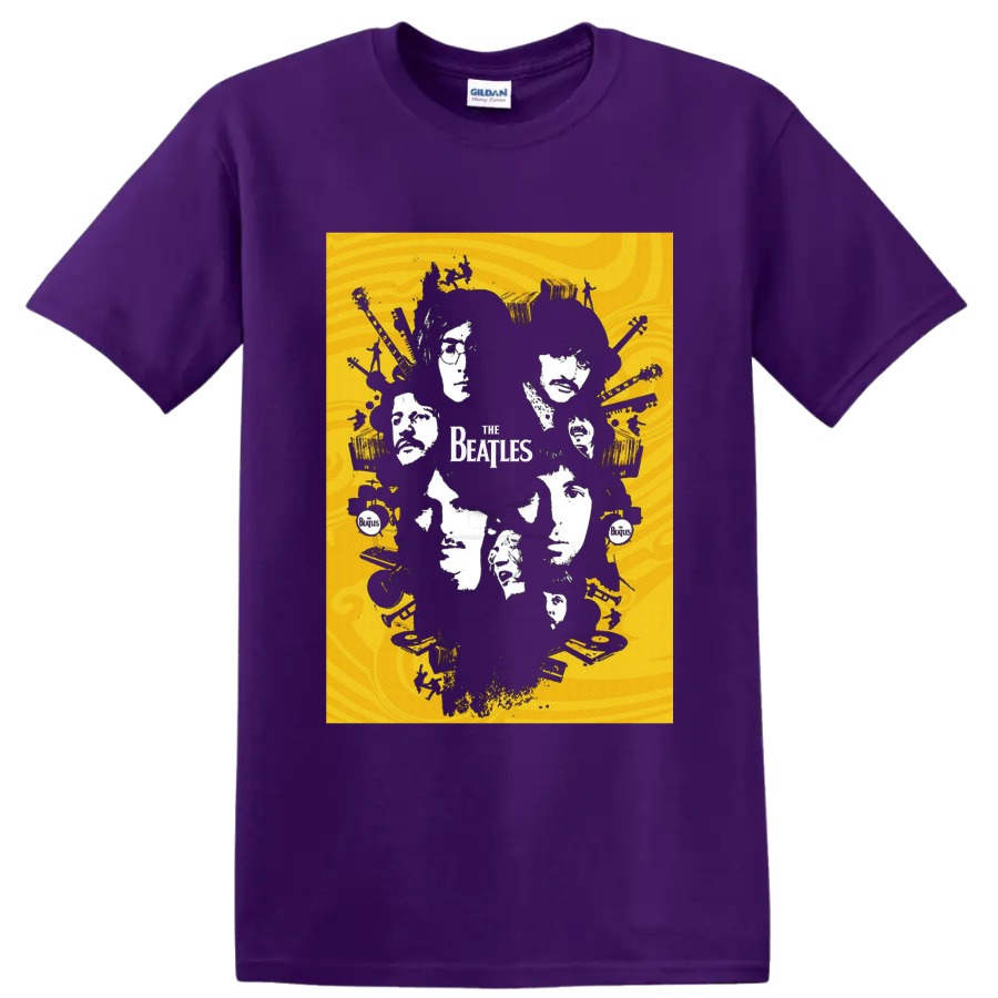 The Beatles four-member portrait collage with guitars, drums, records, and band logo on a Purple T Shirt