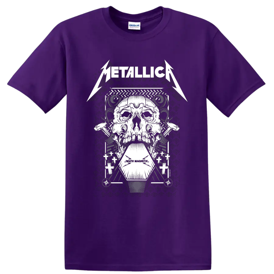 Metallica Death Magnetic skull and coffin industrial heavy metal graphic on a Purple T Shirt