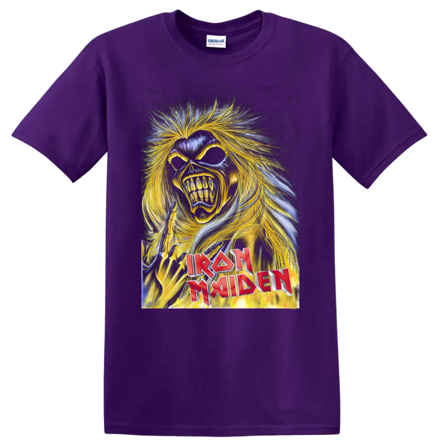 Iron Maiden Killers Eddie the Head snarling heavy metal mascot graphic on a Purple T Shirt