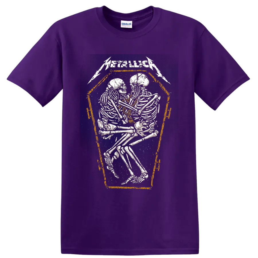 Metallica logo above distressed embracing skeletons in a coffin-shaped frame on a Purple T Shirt