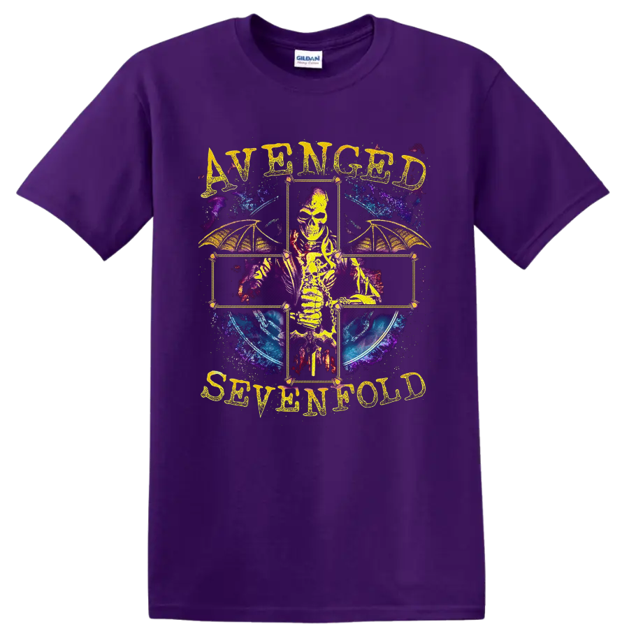 Avenged Sevenfold skeleton with bat wings in a cosmic gothic cross design on a Purple T Shirt