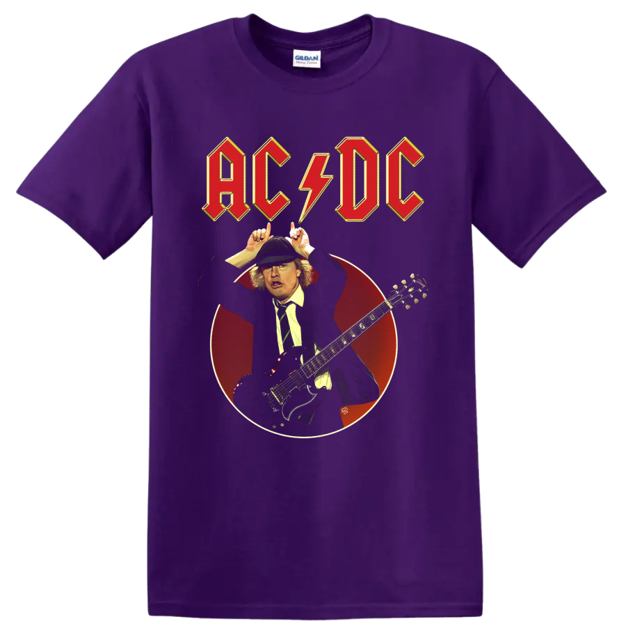 Angus Young AC/DC guitar portrait with lightning bolt logo and vintage red circle on a Purple T Shirt