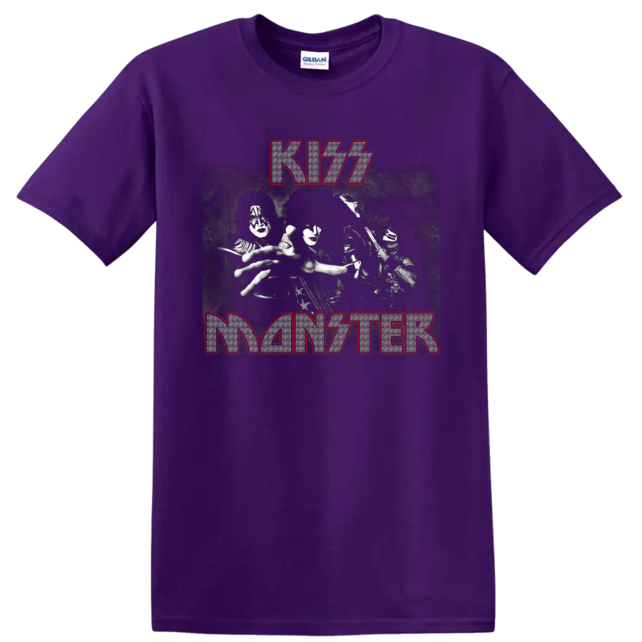 KISS Monster graphic with face-painted band image and distressed metallic lettering on a Purple T Shirt