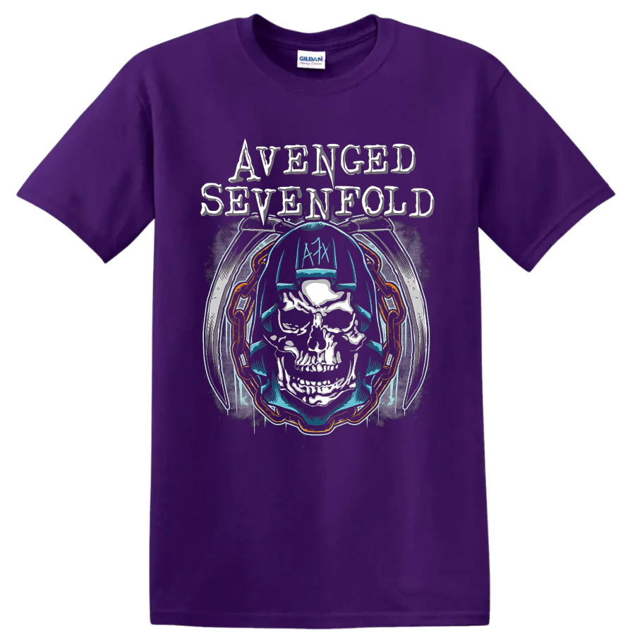 Avenged Sevenfold Holy Reaper skull wearing headphones with distressed band lettering on a Purple T Shirt