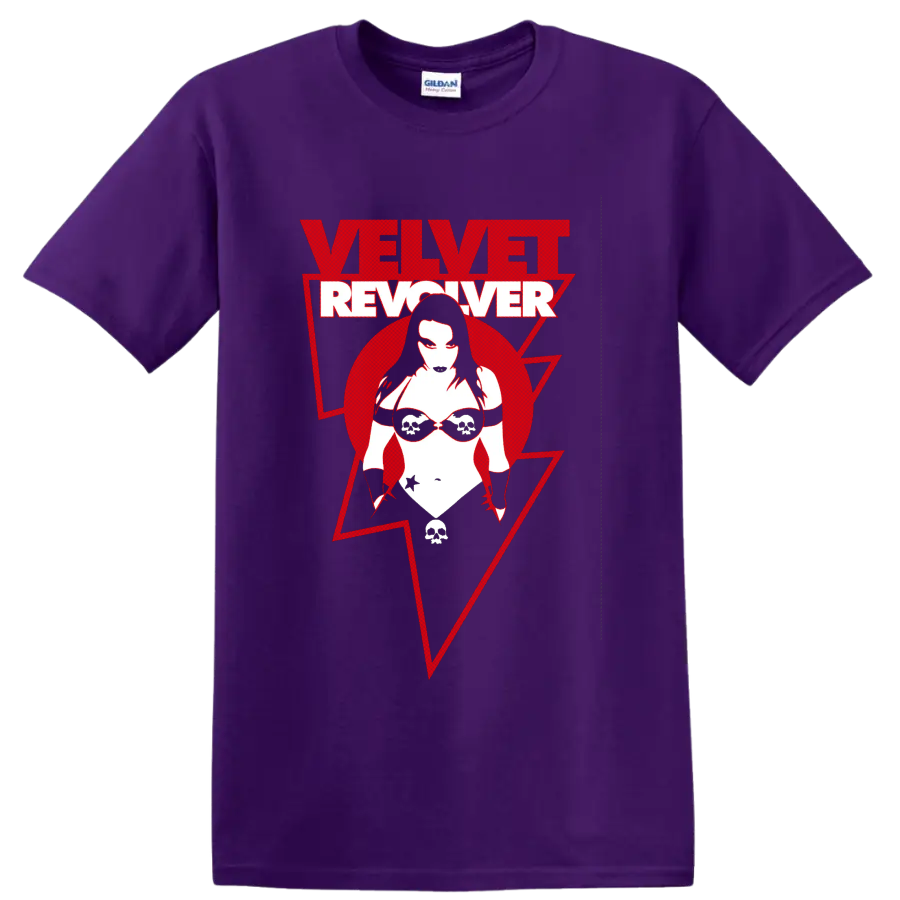 Velvet Revolver red and white distressed logo with stylized skull sunglasses figure on a Purple T Shirt