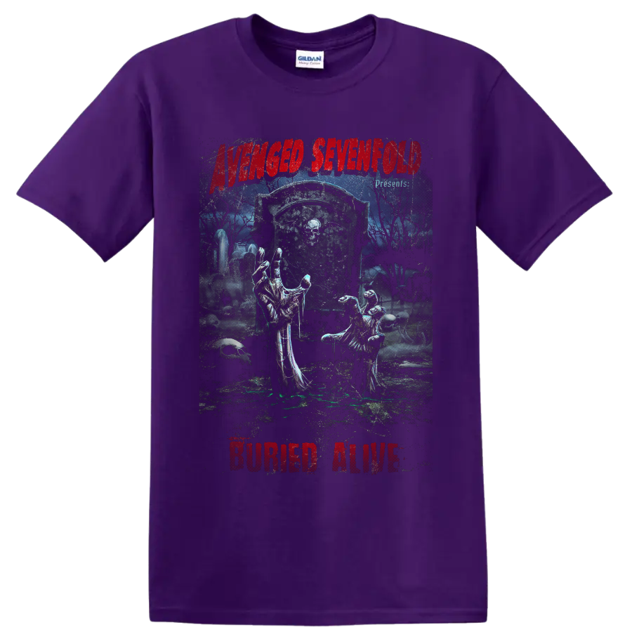 Avenged Sevenfold Buried Alive gothic graveyard art with skeletal hands and tombstone on a Purple T Shirt