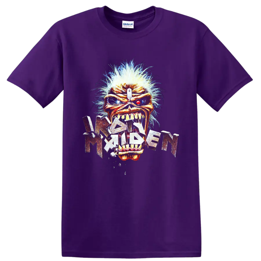 Iron Maiden Eddie the Head cybernetic-style heavy metal graphic with distressed band on a Purple T Shirt