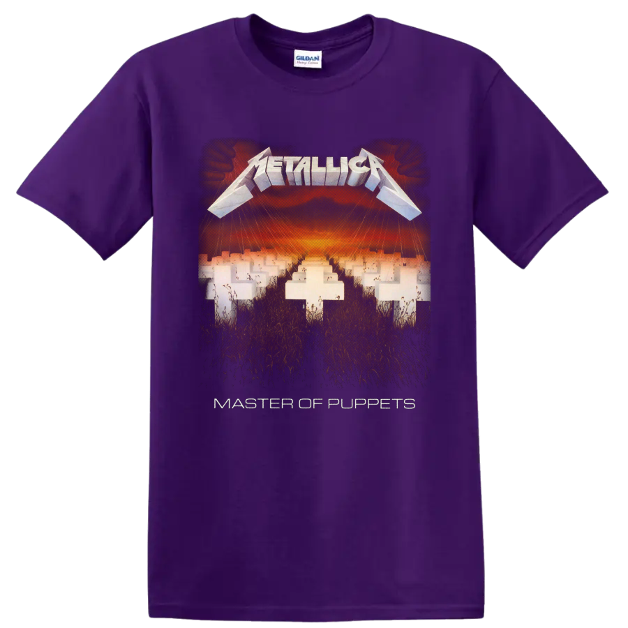 Metallica Master of Puppets cemetery album art with white crosses and fiery sky on a Purple T Shirt