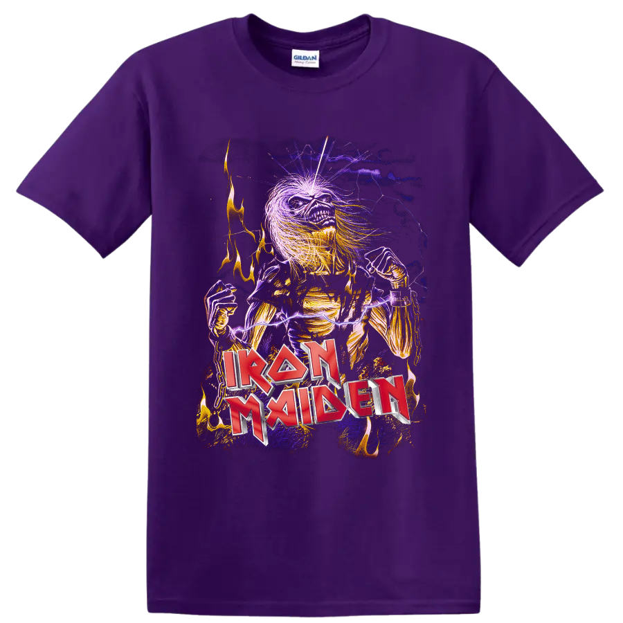 Iron Maiden Eddie skeleton with purple lightning, flames, chains, and red band logo on a Purple T Shirt