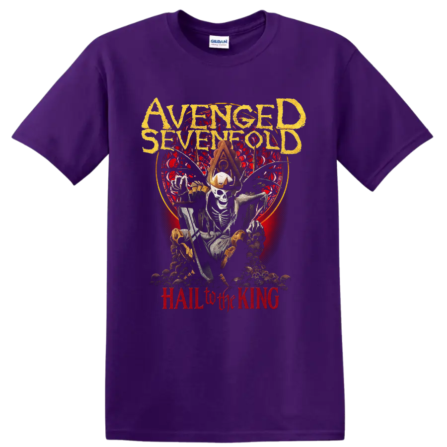Avenged Sevenfold Hail to the King crowned skeleton gothic graphic print on a Purple T Shirt