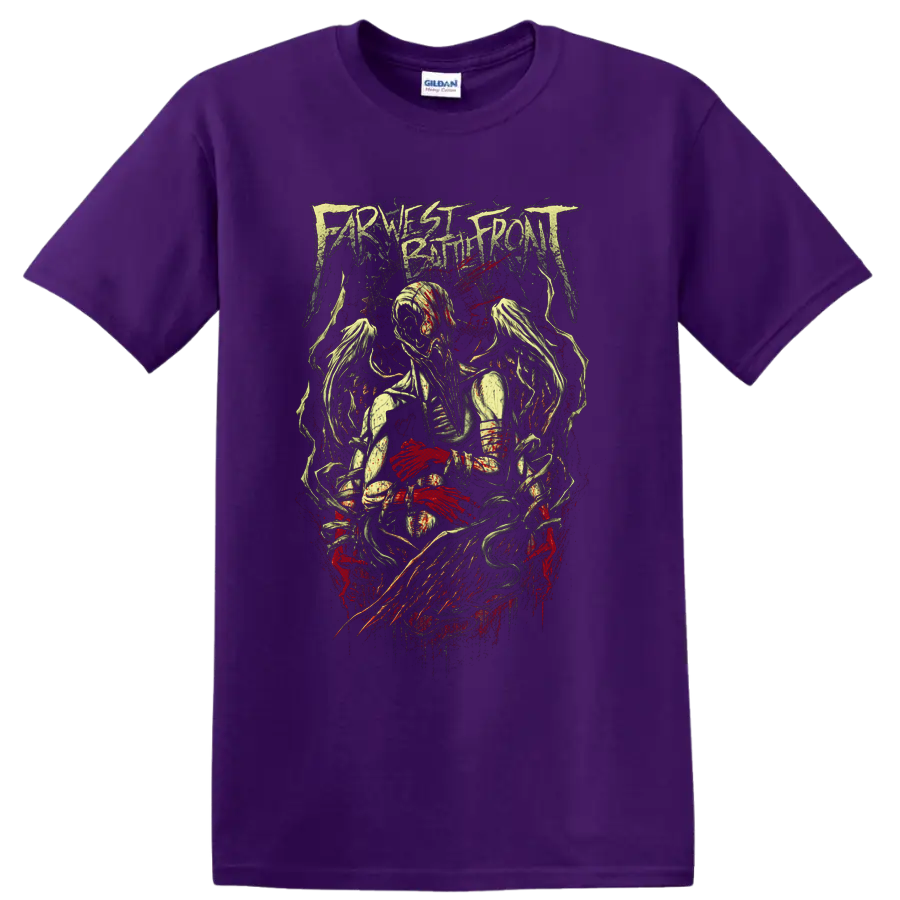 Farthest Battlefront distressed metal logo above spectral figures and red splatter on a Purple T Shirt