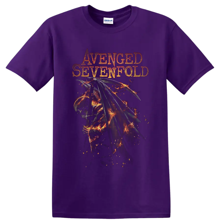 Avenged Sevenfold Deathbat with flaming wings and distressed gothic band lettering on a Purple T Shirt