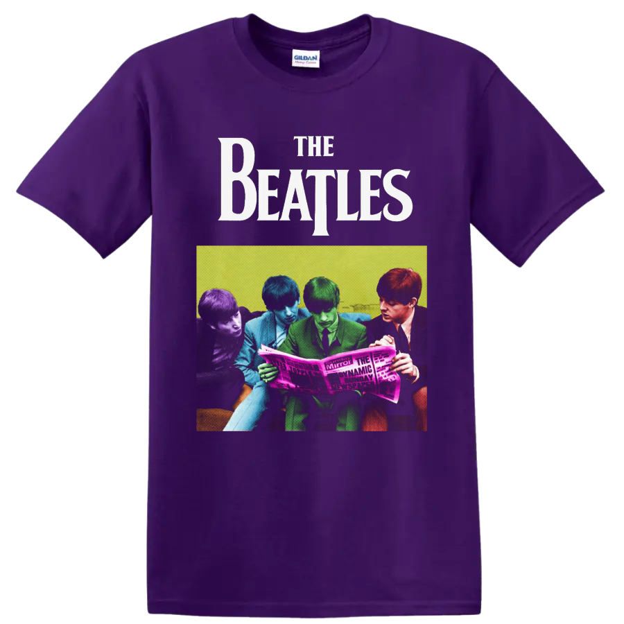 The Beatles colorized group photo reading a newspaper in retro pop-art style on a Purple T Shirt
