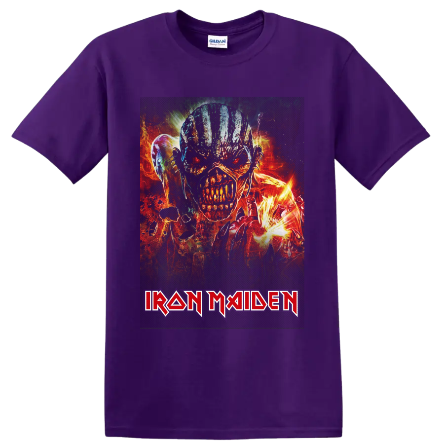 Fiery Eddie the Head heavy metal illustration with Iron Maiden logo on a Purple T Shirt