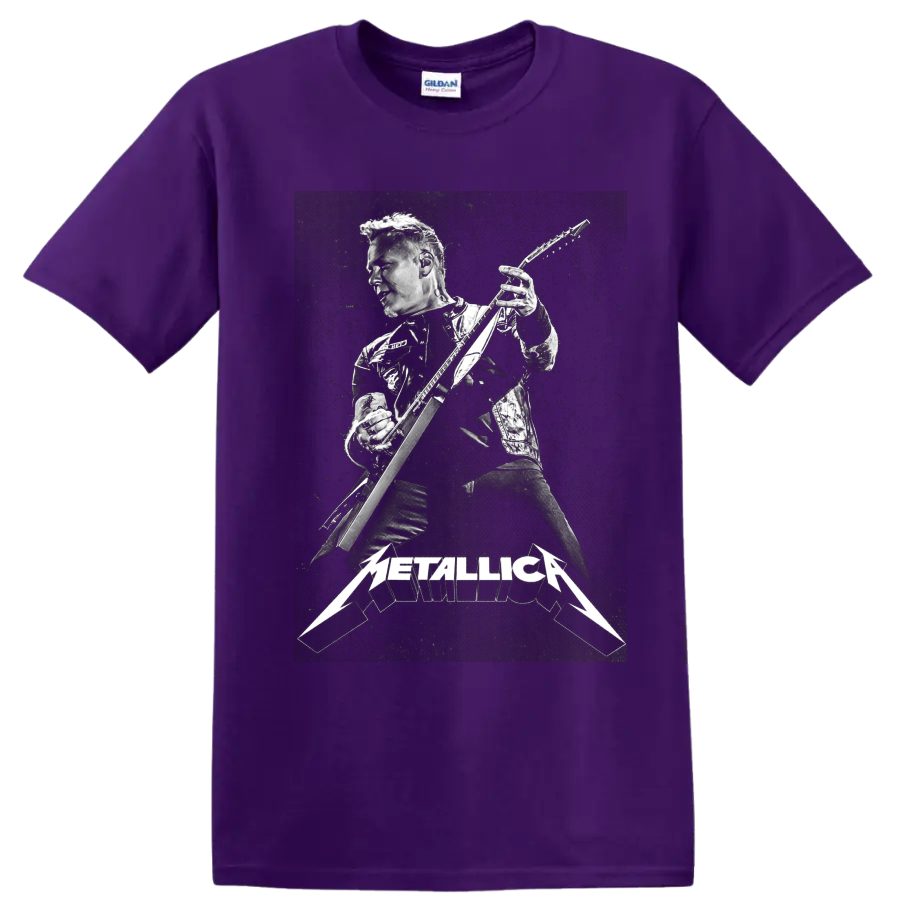 James Hetfield playing guitar in gritty monochrome with Metallica logo on a Purple T Shirt