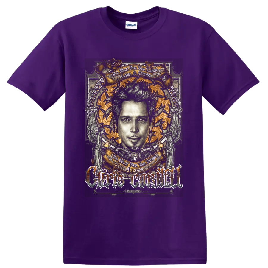 Chris Cornell gothic memorial portrait with gold banners, birds, wings, and tribute on a Purple T Shirt