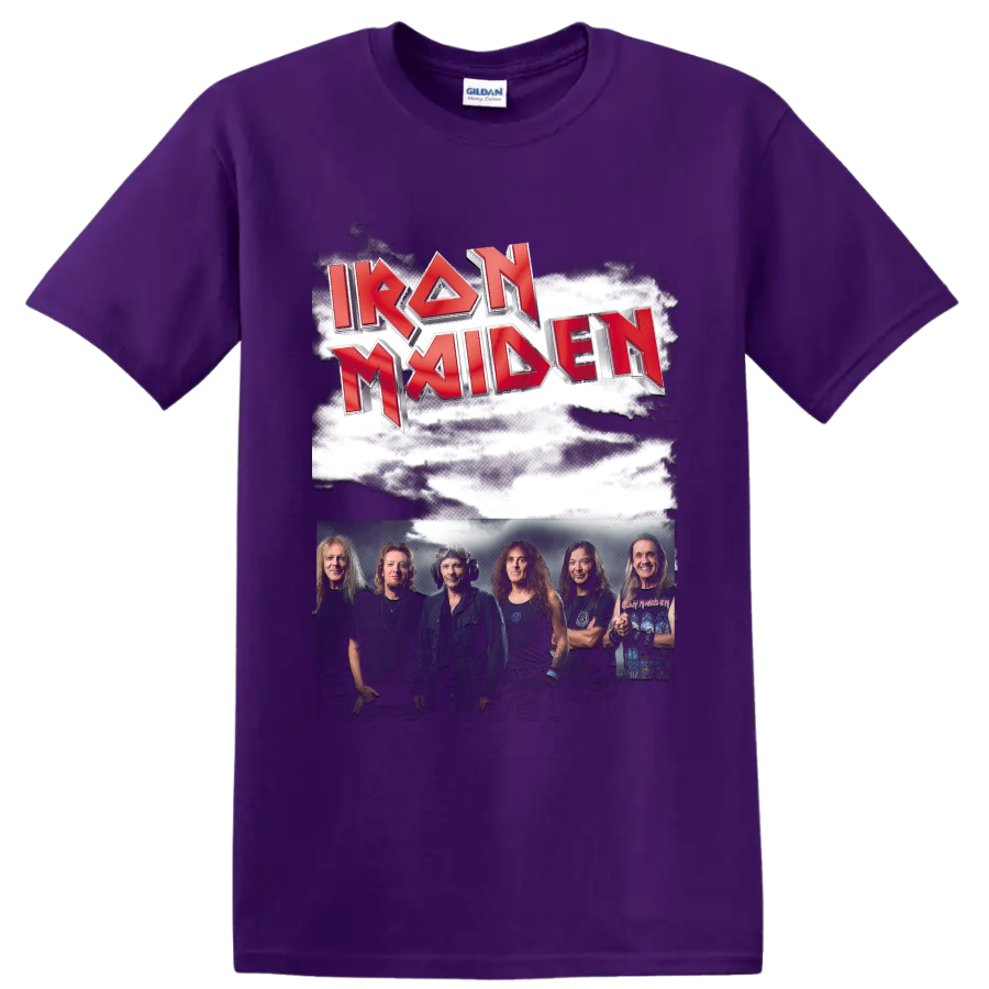 Iron Maiden red metallic logo above a smoky band group photo on a Purple T Shirt