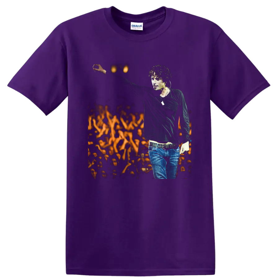 Chris Cornell live concert portrait with raised arm and glowing crowd backdrop on a Purple T Shirt