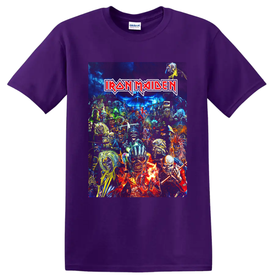 Iron Maiden Eddie the Head heavy metal collage with band logo and vivid horror artwork on a Purple T Shirt