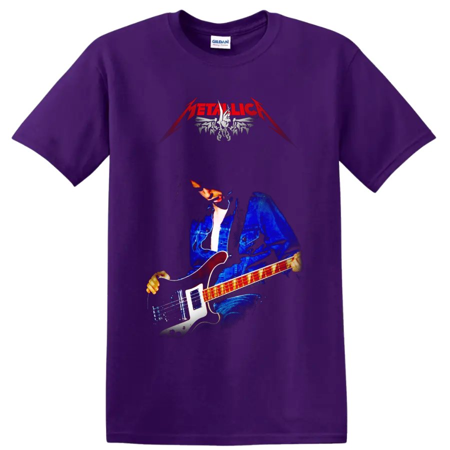 Cliff Burton playing bass in a dramatic Metallica tribute graphic on a Purple T Shirt