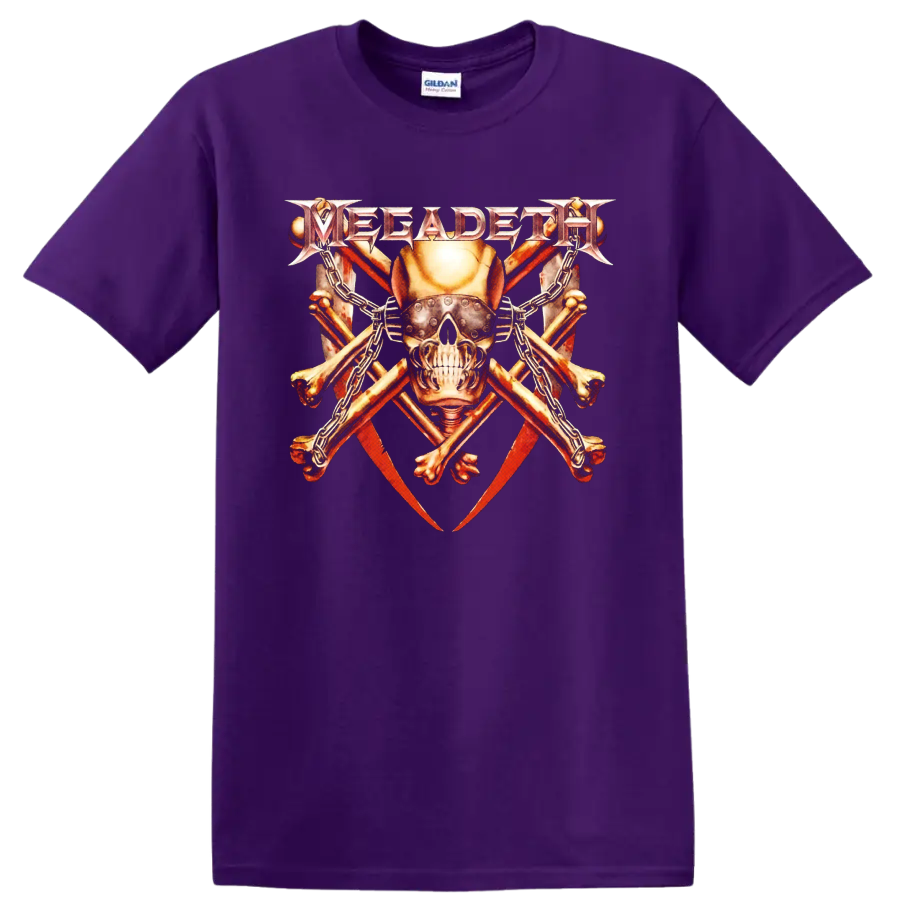 Megadeth Vic Rattlehead armored skull with chains, crossed bones, and red blades on a Purple T Shirt