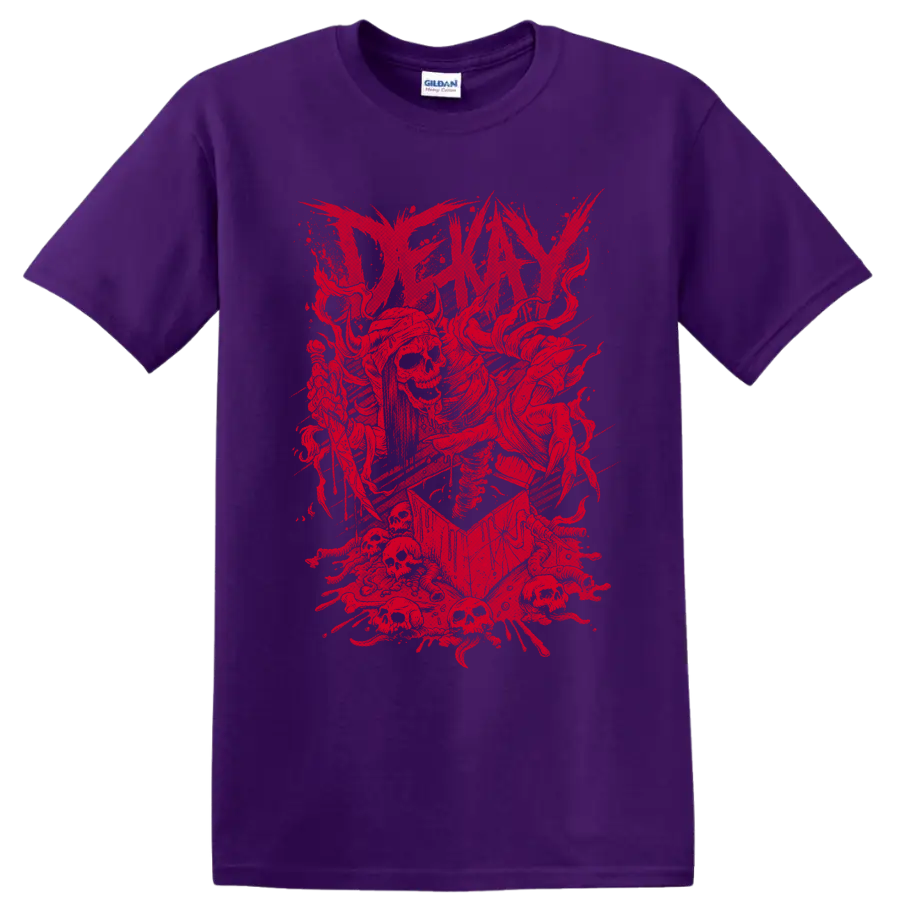 Distressed red Dekay skeleton graphic with splatter and angular rock-metal artwork on a Purple T Shirt