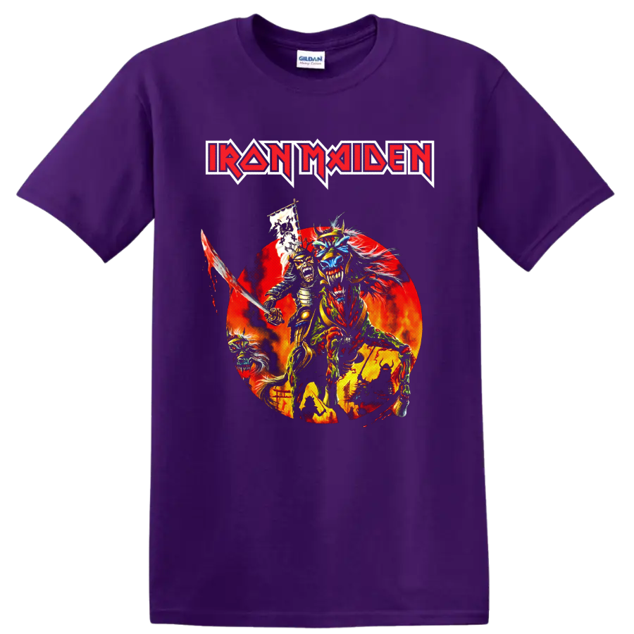 Iron Maiden Eddie the Head samurai warrior graphic with sword and fiery backdrop on a Purple T Shirt
