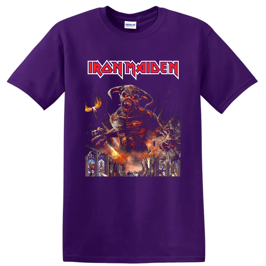 Iron Maiden Eddie the Head in fiery gothic Legacy of the Beast-inspired artwork on a Purple T Shirt
