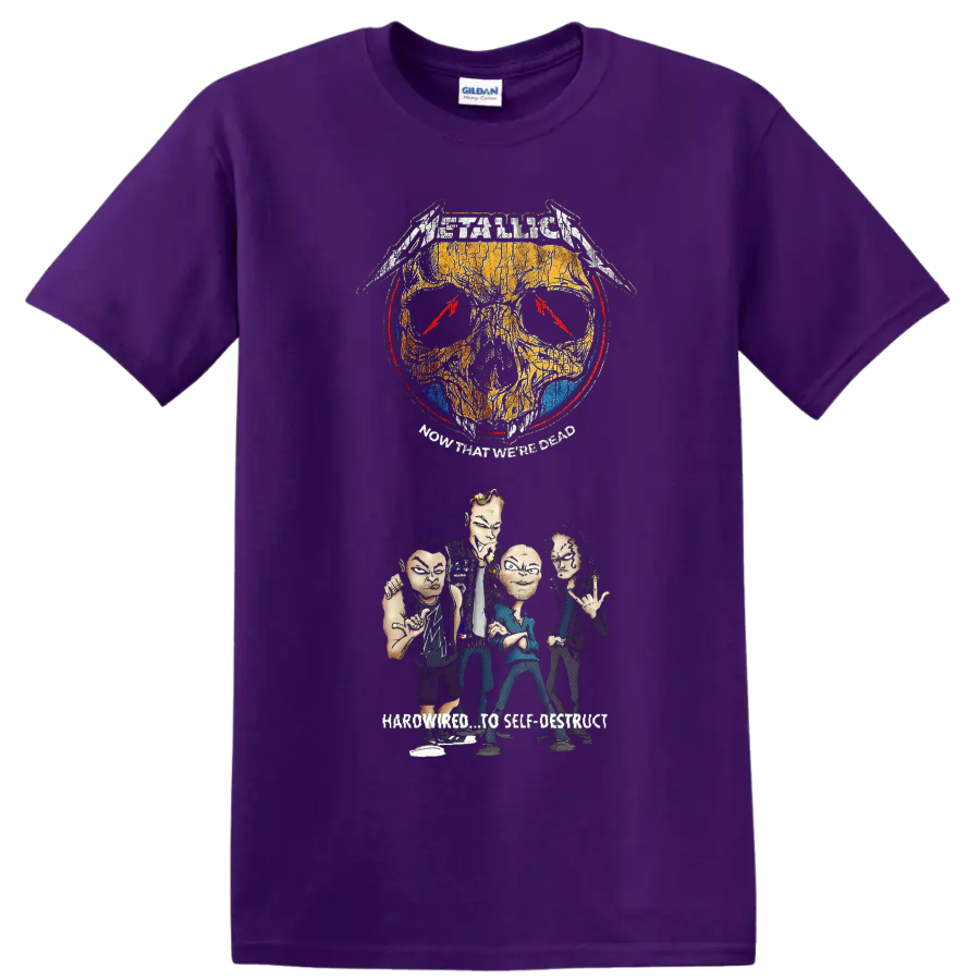 Metallica Now That We're Dead distressed skull and illustrated band graphic on a Purple T Shirt