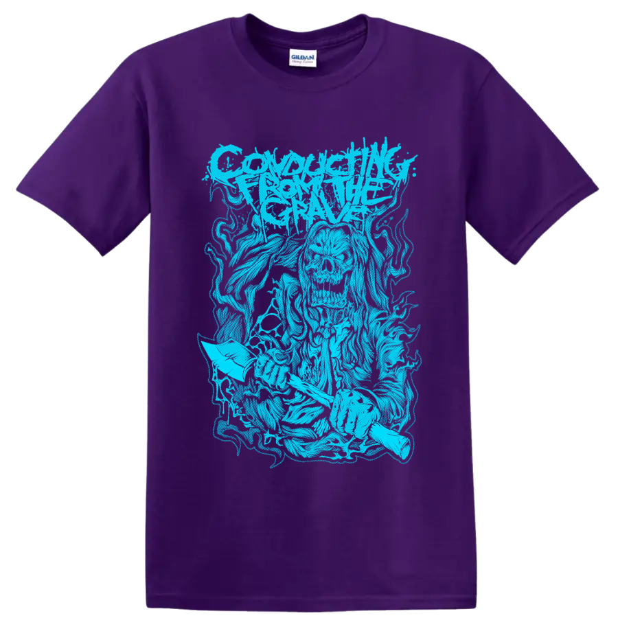 Conducting From the Grave distressed cyan metal band logo graphic on a Purple T Shirt