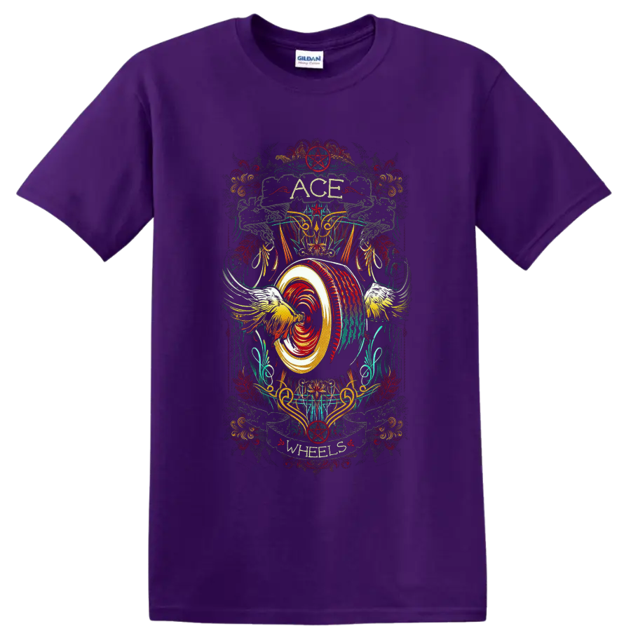 Ace Wheels distressed rockabilly winged wheel and pentagram custom-culture graphic on a Purple T Shirt