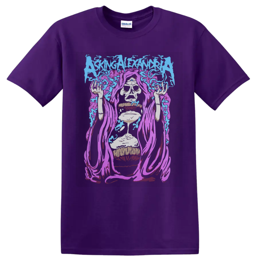 Asking Alexandria logo above purple-robed skull reaper with dripping hourglass on a Purple T Shirt