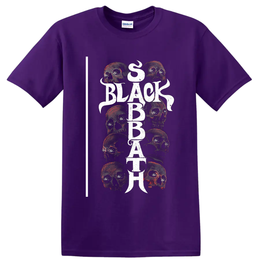 Black Sabbath distressed vertical lettering with layered skull artwork on a Purple T Shirt