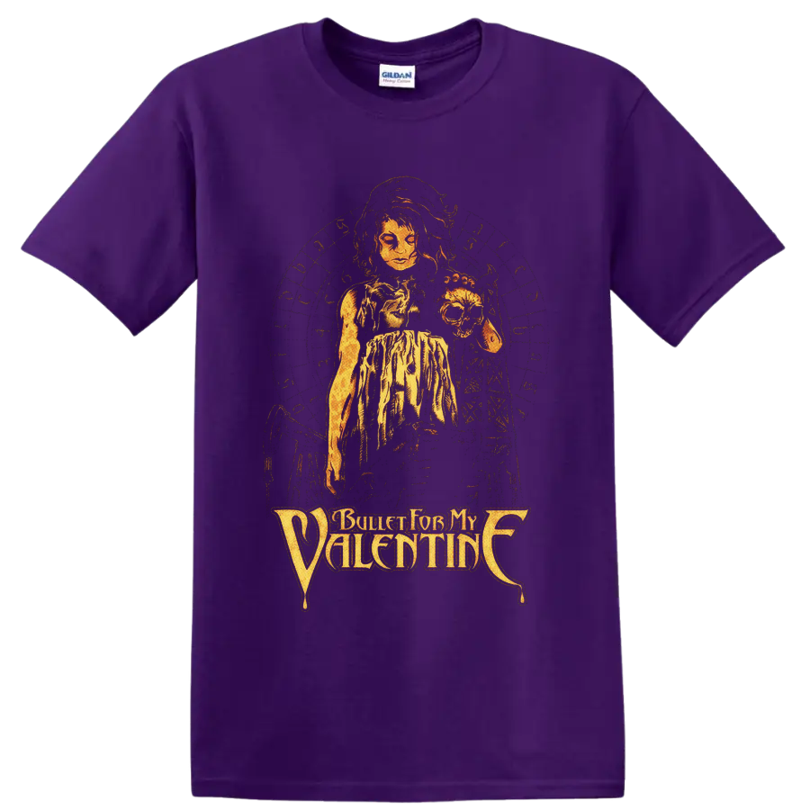 Bullet for My Valentine gothic woman and skull graphic with distressed logo lettering on a Purple T Shirt