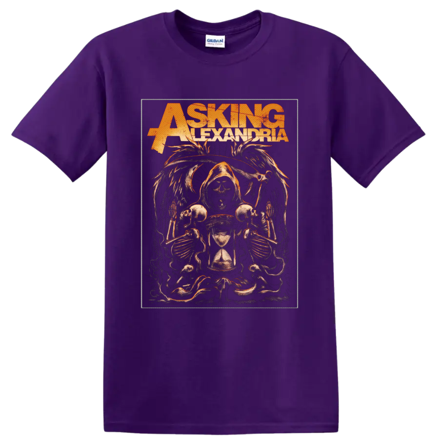 Asking Alexandria distressed gothic graphic with hooded skeleton, skulls, and hourglass on a Purple T Shirt