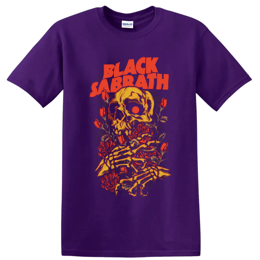 Black Sabbath vintage skull and red roses graphic with skeletal hands on a Purple T Shirt