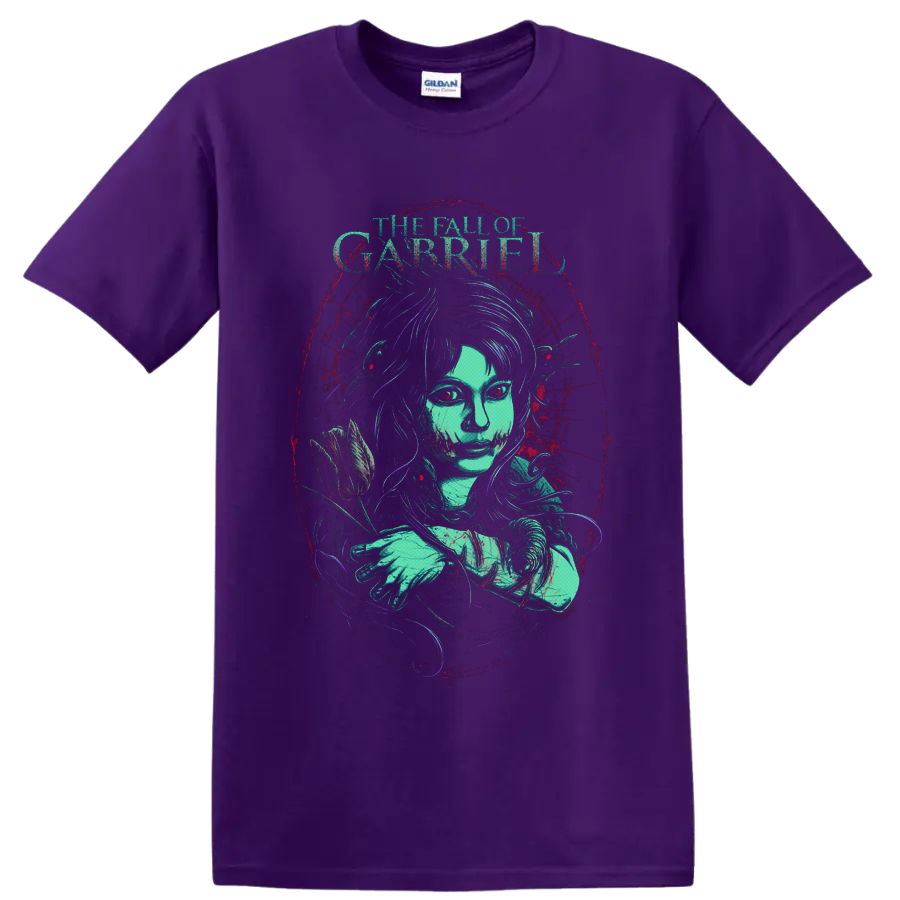The Fall of Gabriel gothic woman with rose in distressed teal, purple, and red art on a Purple T Shirt