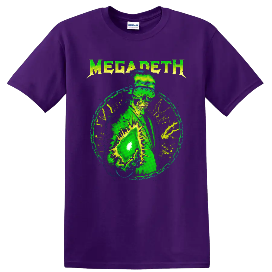 Megadeth Vic Rattlehead neon green distressed metal graphic with visor and glowing object on a Purple T Shirt