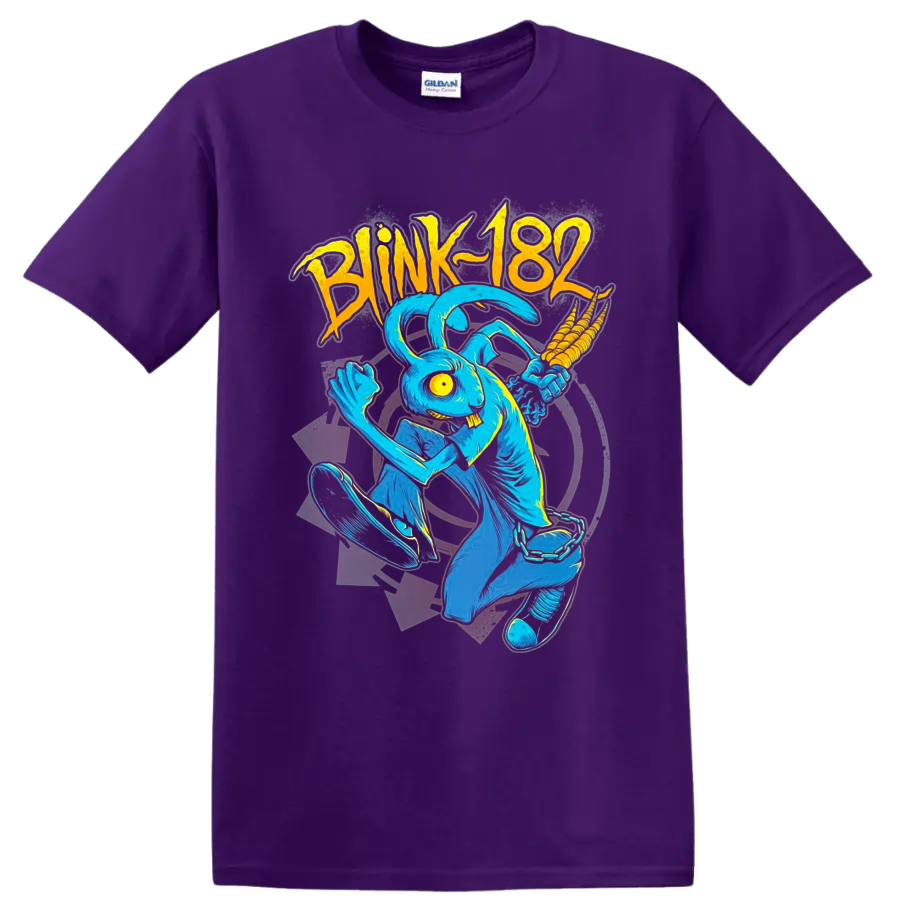 Blink-182 blue rabbit mascot skateboarding in vivid retro punk comic art on a Purple T Shirt